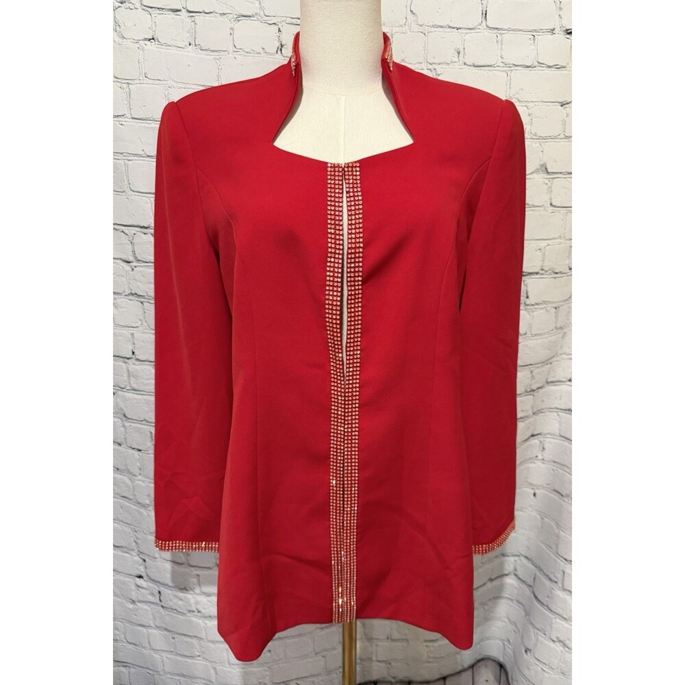 Nina Massini Women’s Red Silver Rhinestone Accent Cocktail Jacket – Size 10